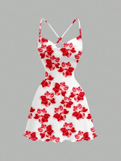Printed Draped Neck Strap Mini Dress | Sleeveless Boho Slim-Fit A-Line Summer Going-Out Dress