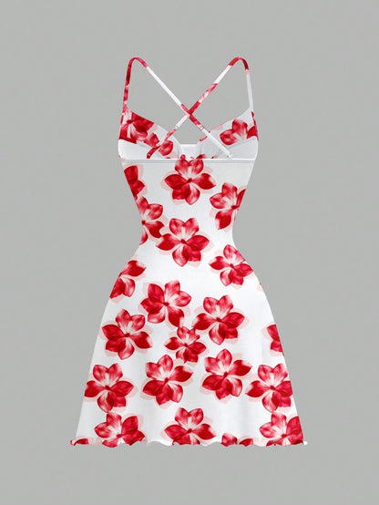 Printed Draped Neck Strap Mini Dress | Sleeveless Boho Slim-Fit A-Line Summer Going-Out Dress