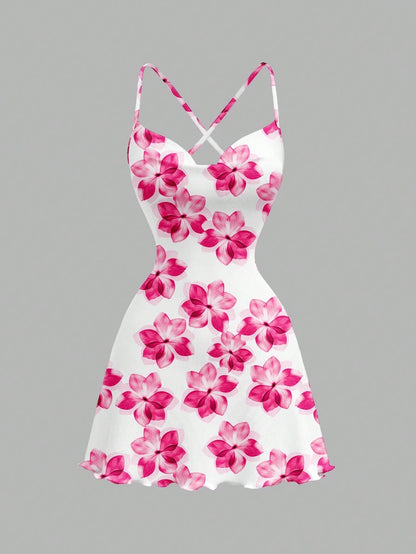 Printed Draped Neck Strap Mini Dress | Sleeveless Boho Slim-Fit A-Line Summer Going-Out Dress