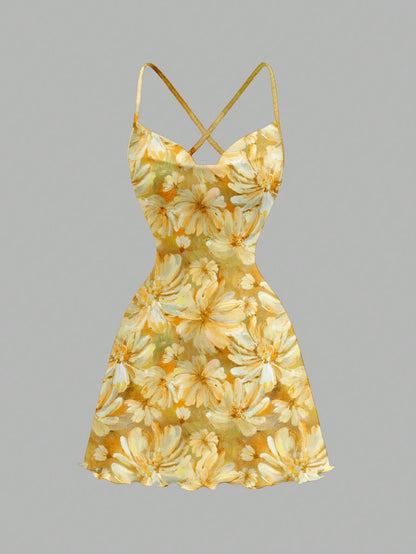 Printed Draped Neck Strap Mini Dress | Sleeveless Boho Slim-Fit A-Line Summer Going-Out Dress