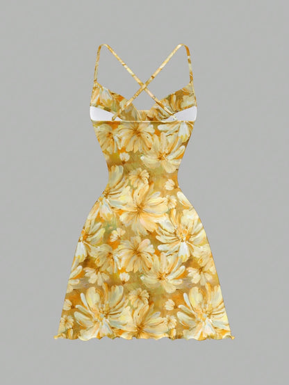 Printed Draped Neck Strap Mini Dress | Sleeveless Boho Slim-Fit A-Line Summer Going-Out Dress