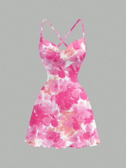 Printed Draped Neck Strap Mini Dress | Sleeveless Boho Slim-Fit A-Line Summer Going-Out Dress