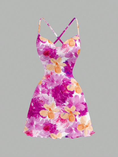 Printed Draped Neck Strap Mini Dress | Sleeveless Boho Slim-Fit A-Line Summer Going-Out Dress