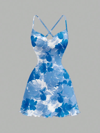 Printed Draped Neck Strap Mini Dress | Sleeveless Boho Slim-Fit A-Line Summer Going-Out Dress