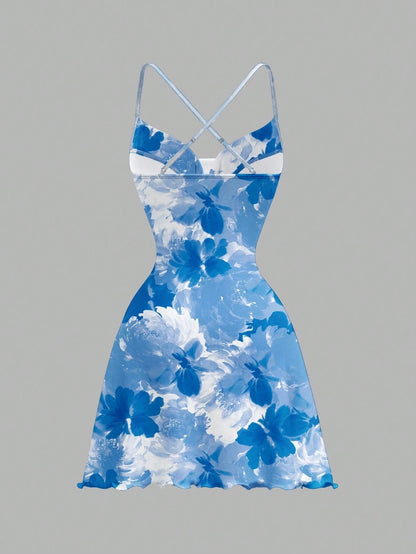 Printed Draped Neck Strap Mini Dress | Sleeveless Boho Slim-Fit A-Line Summer Going-Out Dress