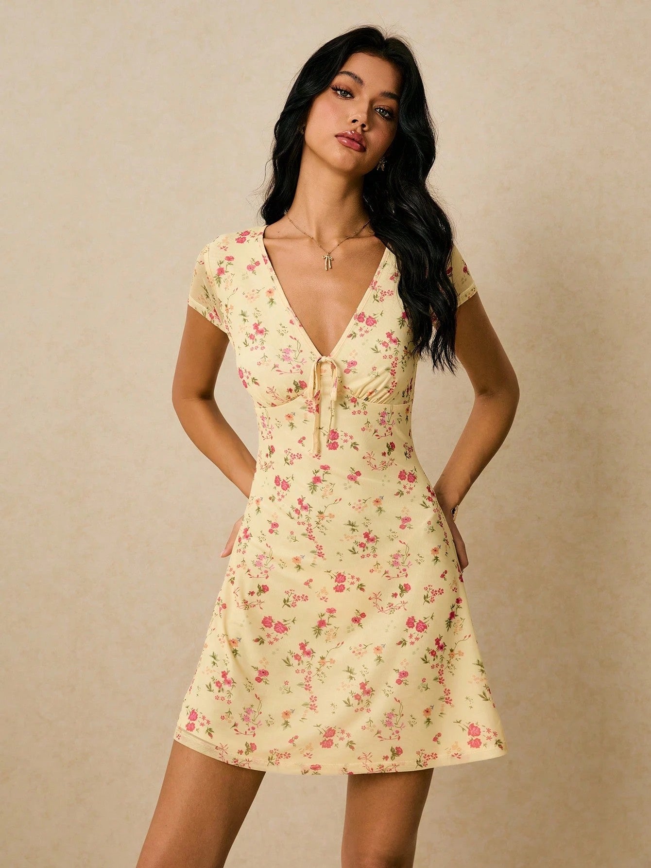 Sweet V-Neck Floral Print A-Line Mini Dress | Half Sleeve Slim-Fit Summer Y2K Floral Dress