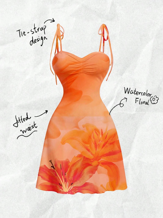 Tie-Shoulder Ruched A-Line Mini Dress | Hawaiian Floral Slim-Fit Summer Bodycon Dress