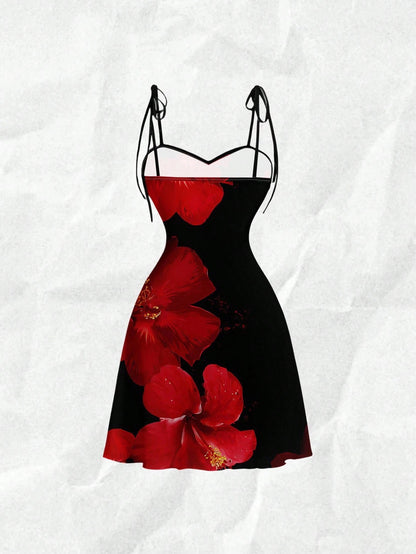 Tie-Shoulder Ruched A-Line Mini Dress | Hawaiian Floral Slim-Fit Summer Bodycon Dress