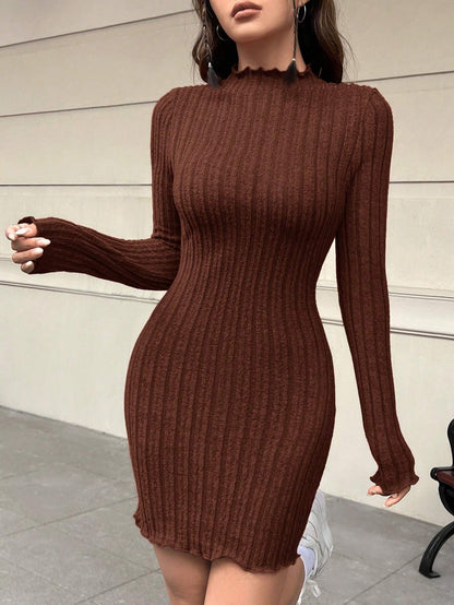 Solid Ribbed Knit Long Sleeve Sheath Mini Dress | Slim-Fit Stand Collar Winter Casual Dress