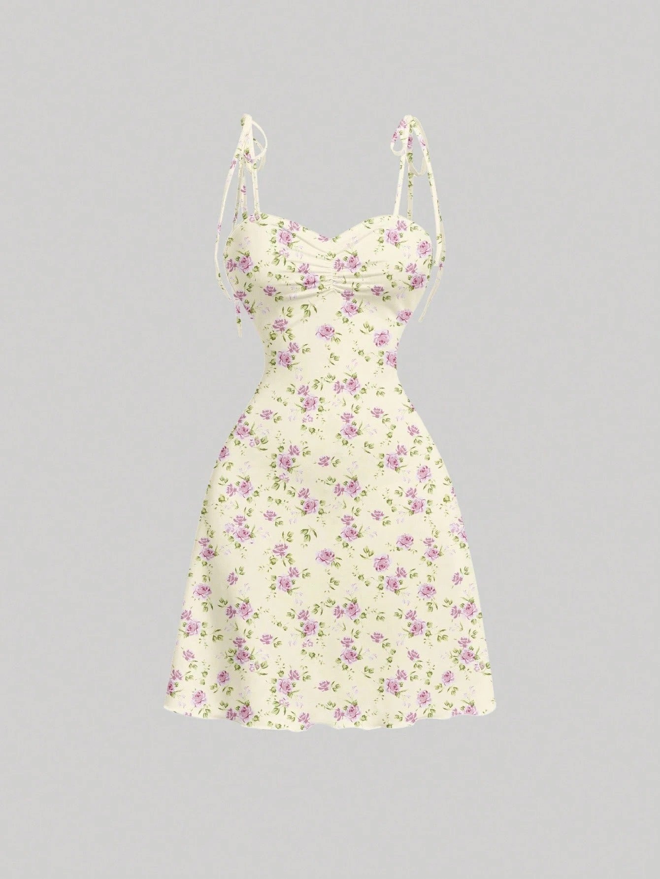 Tie Shoulder Ditsy Floral A-Line Mini Dress | Ruched Waist Pastel Summer Chic Dress