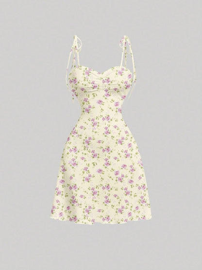 Tie Shoulder Ditsy Floral A-Line Mini Dress | Ruched Waist Pastel Summer Chic Dress