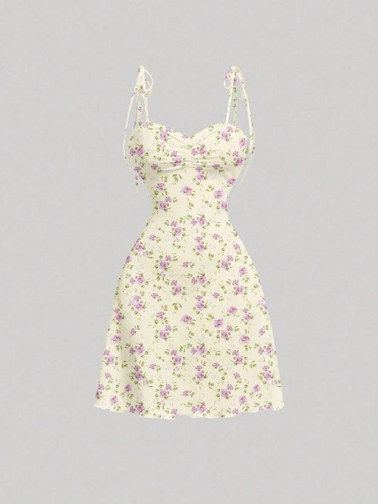 Tie Shoulder Ditsy Floral A-Line Mini Dress | Ruched Waist Pastel Summer Chic Dress