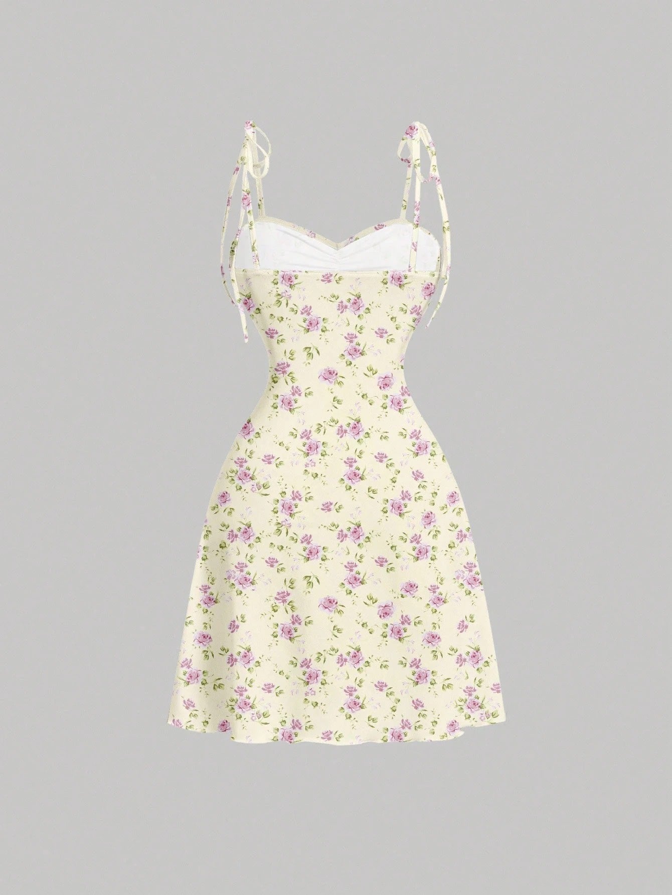 Tie Shoulder Ditsy Floral A-Line Mini Dress | Ruched Waist Pastel Summer Chic Dress
