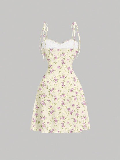 Tie Shoulder Ditsy Floral A-Line Mini Dress | Ruched Waist Pastel Summer Chic Dress