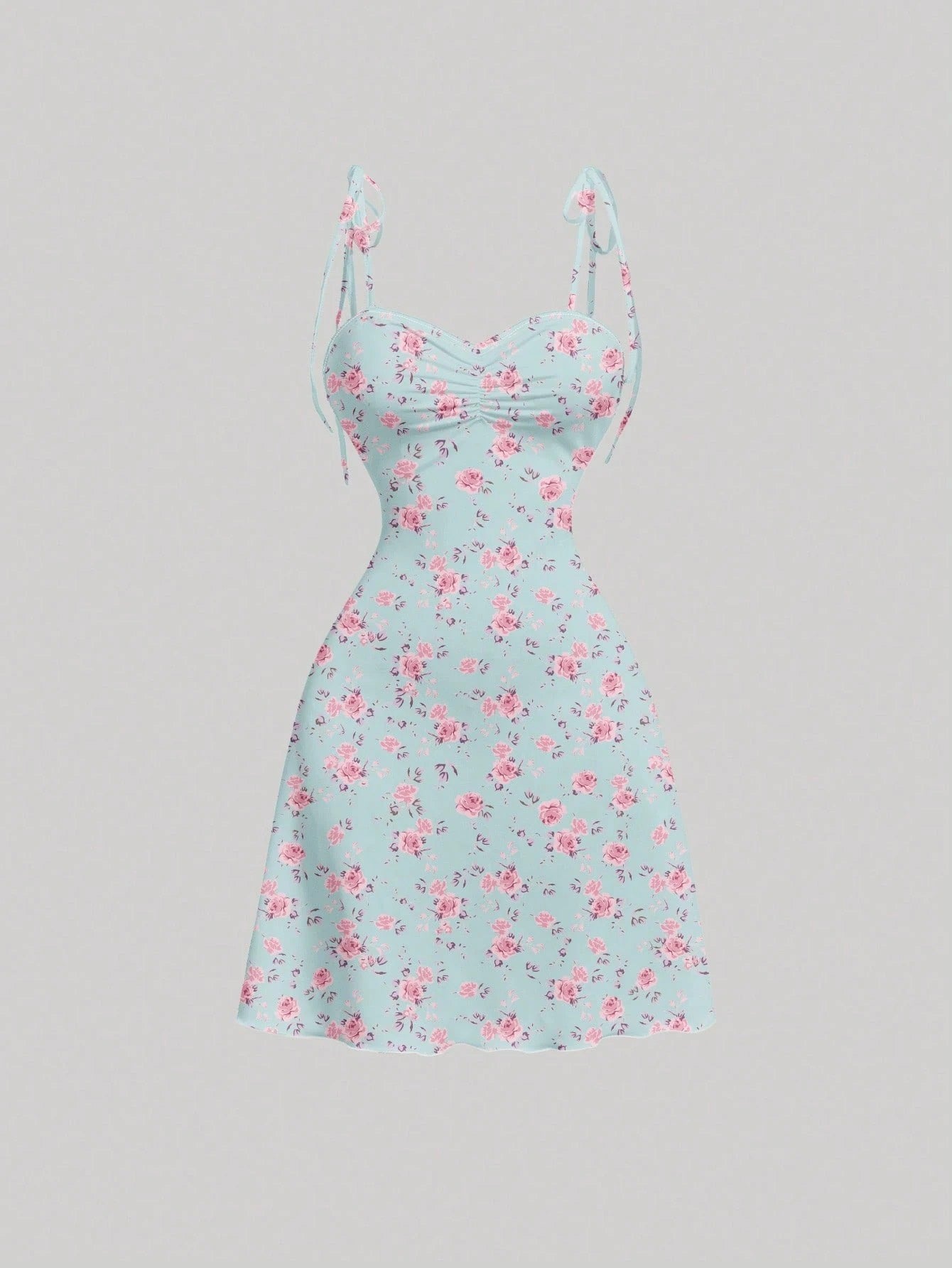 Tie Shoulder Ditsy Floral A-Line Mini Dress | Ruched Waist Pastel Summer Chic Dress