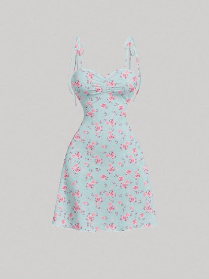 Tie Shoulder Ditsy Floral A-Line Mini Dress | Ruched Waist Pastel Summer Chic Dress