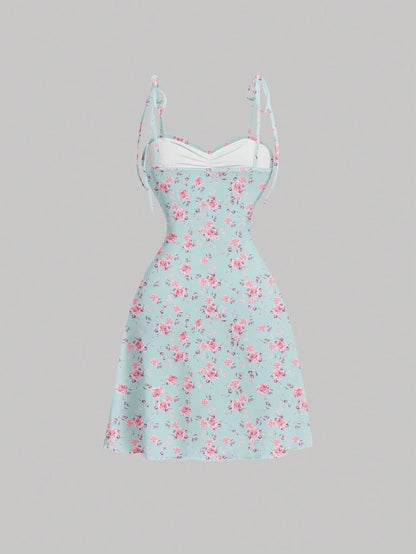 Tie Shoulder Ditsy Floral A-Line Mini Dress | Ruched Waist Pastel Summer Chic Dress