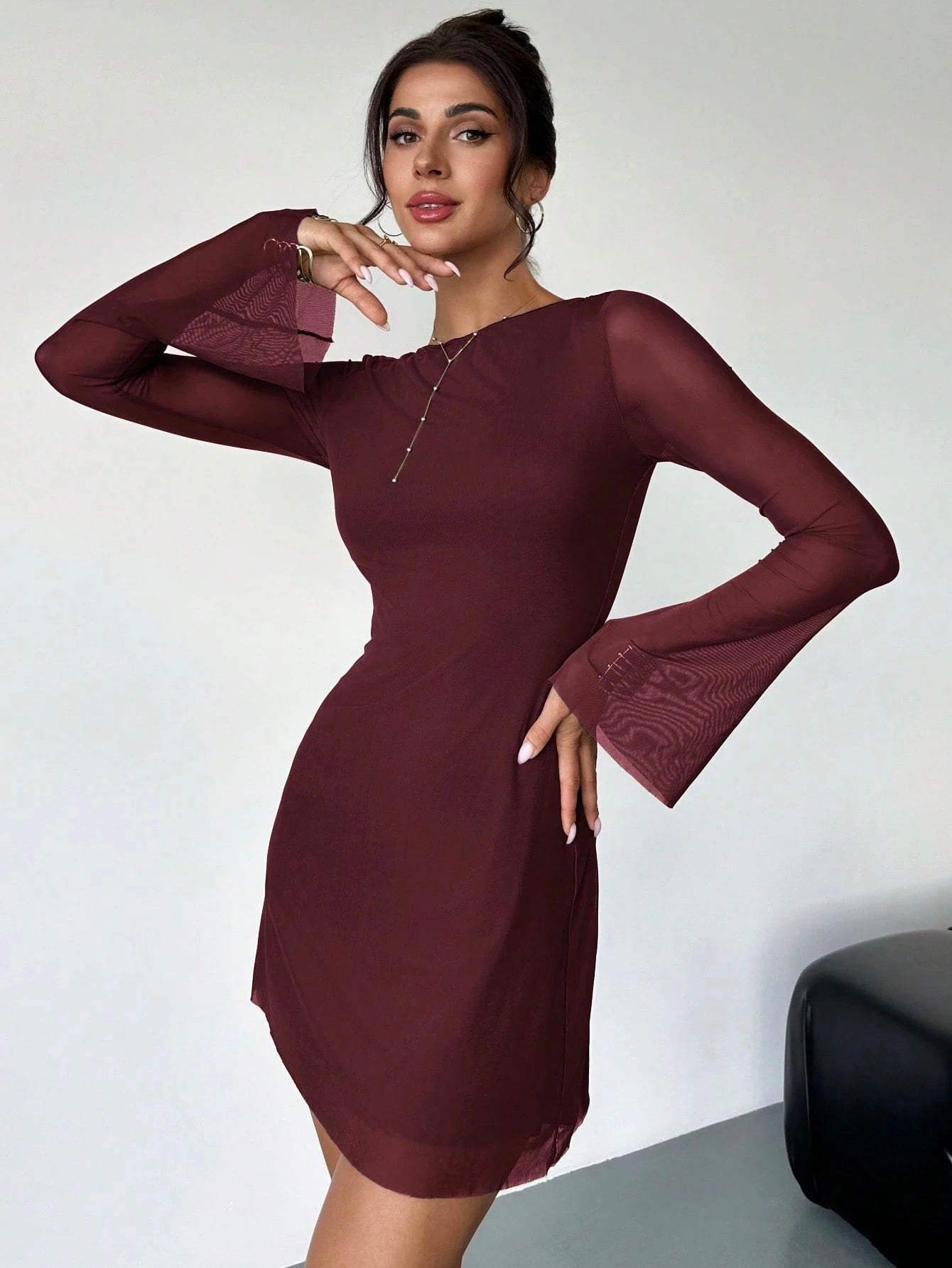 Elegant Boat Neck Flare Sleeve A-Line Mini Dress | Cinched Waist Mesh Party Dress