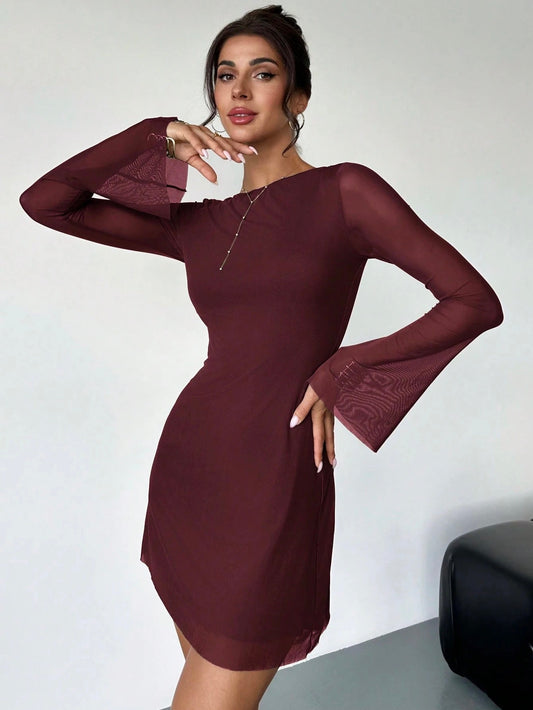 Elegant Boat Neck Flare Sleeve A-Line Mini Dress | Cinched Waist Mesh Party Dress