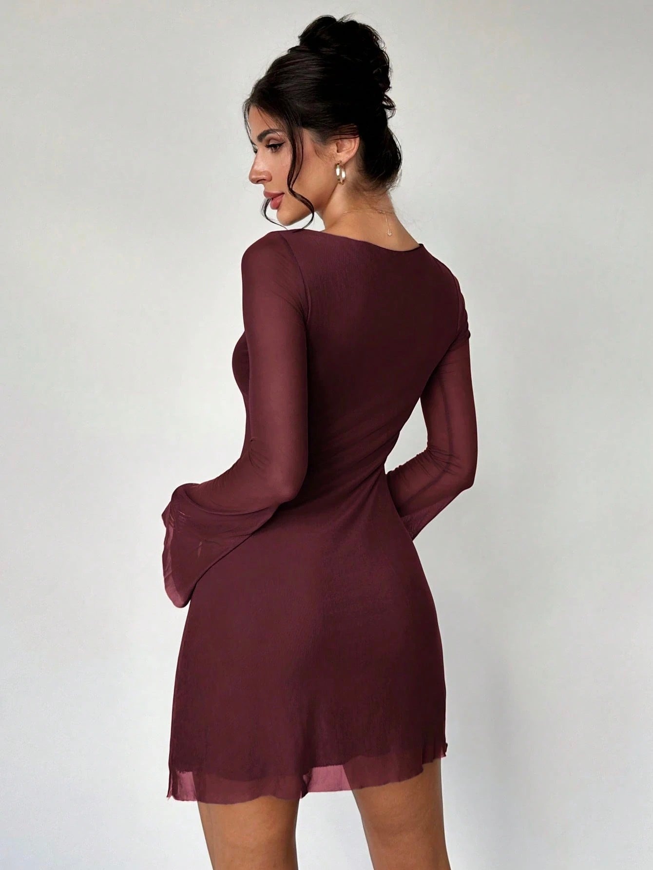 Elegant Boat Neck Flare Sleeve A-Line Mini Dress | Cinched Waist Mesh Party Dress