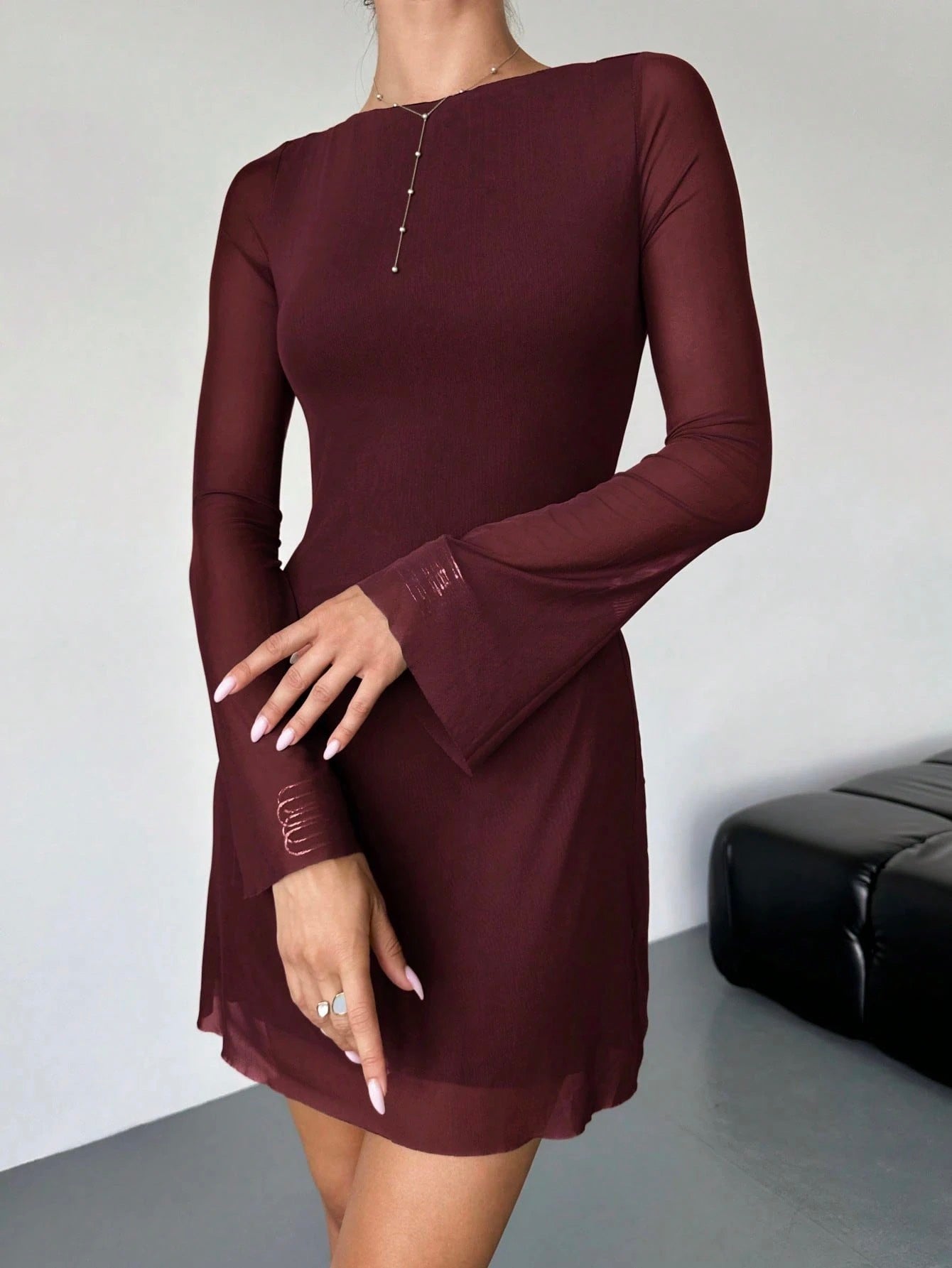 Elegant Boat Neck Flare Sleeve A-Line Mini Dress | Cinched Waist Mesh Party Dress