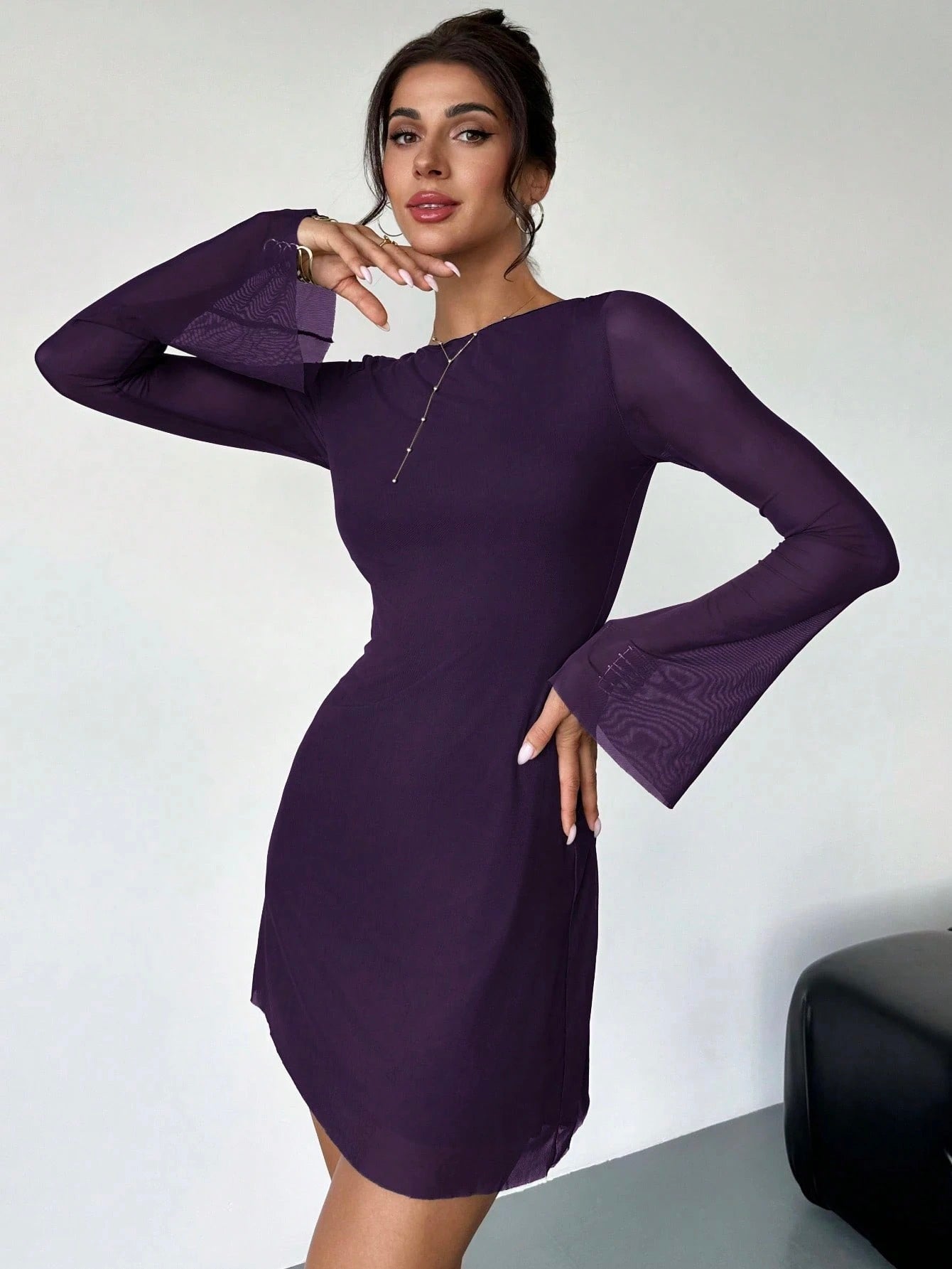 Elegant Boat Neck Flare Sleeve A-Line Mini Dress | Cinched Waist Mesh Party Dress