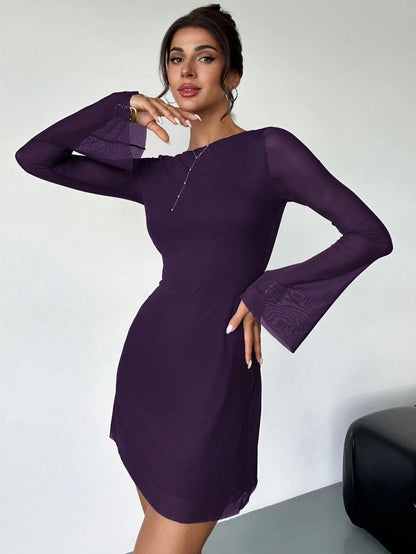 Elegant Boat Neck Flare Sleeve A-Line Mini Dress | Cinched Waist Mesh Party Dress