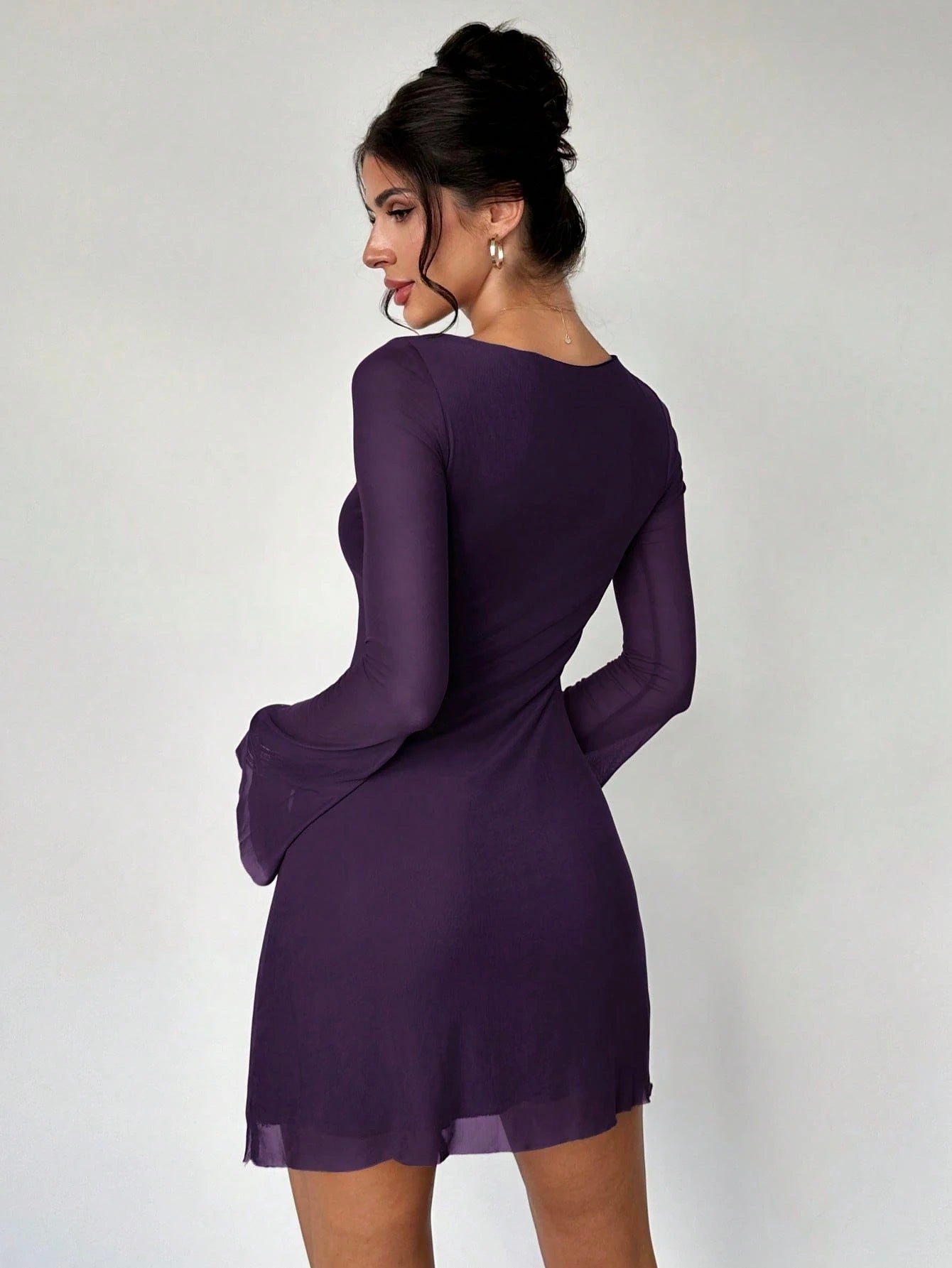 Elegant Boat Neck Flare Sleeve A-Line Mini Dress | Cinched Waist Mesh Party Dress