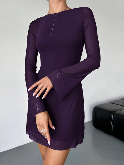 Elegant Boat Neck Flare Sleeve A-Line Mini Dress | Cinched Waist Mesh Party Dress