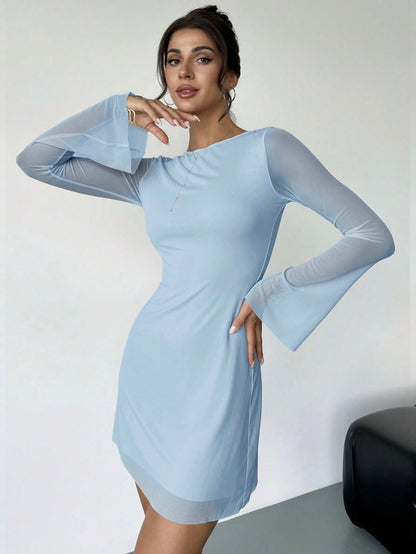Elegant Boat Neck Flare Sleeve A-Line Mini Dress | Cinched Waist Mesh Party Dress