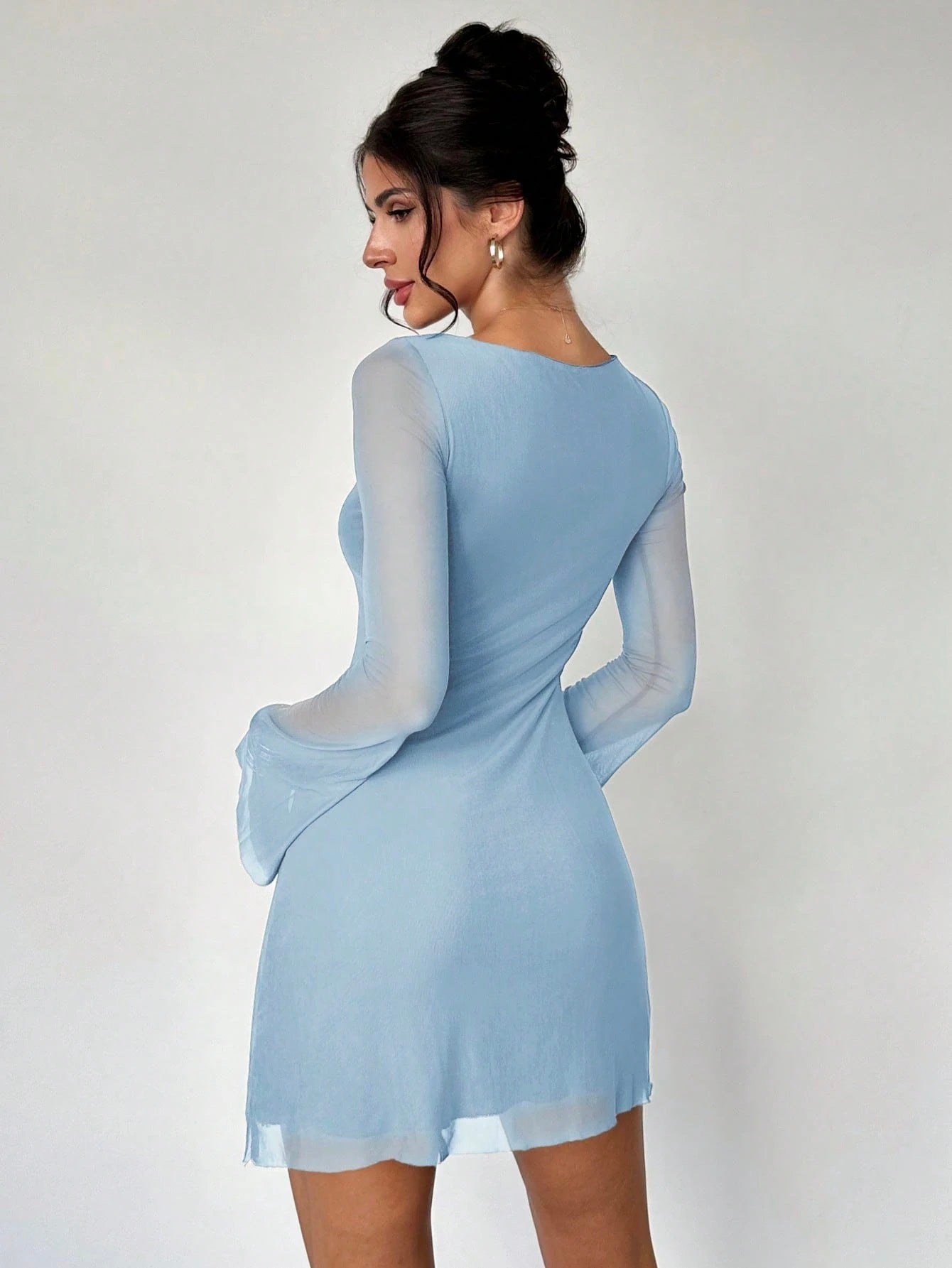 Elegant Boat Neck Flare Sleeve A-Line Mini Dress | Cinched Waist Mesh Party Dress