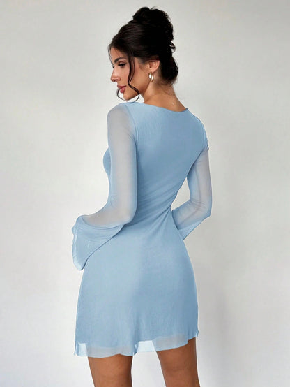 Elegant Boat Neck Flare Sleeve A-Line Mini Dress | Cinched Waist Mesh Party Dress