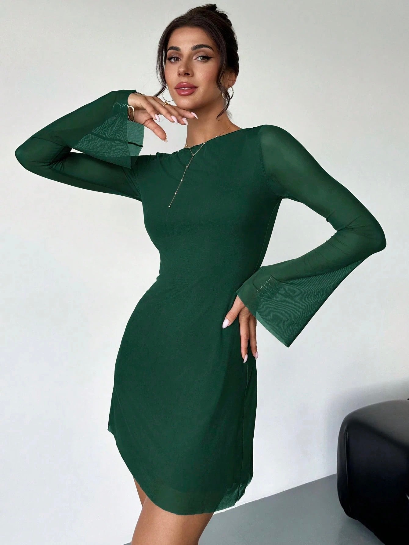 Elegant Boat Neck Flare Sleeve A-Line Mini Dress | Cinched Waist Mesh Party Dress