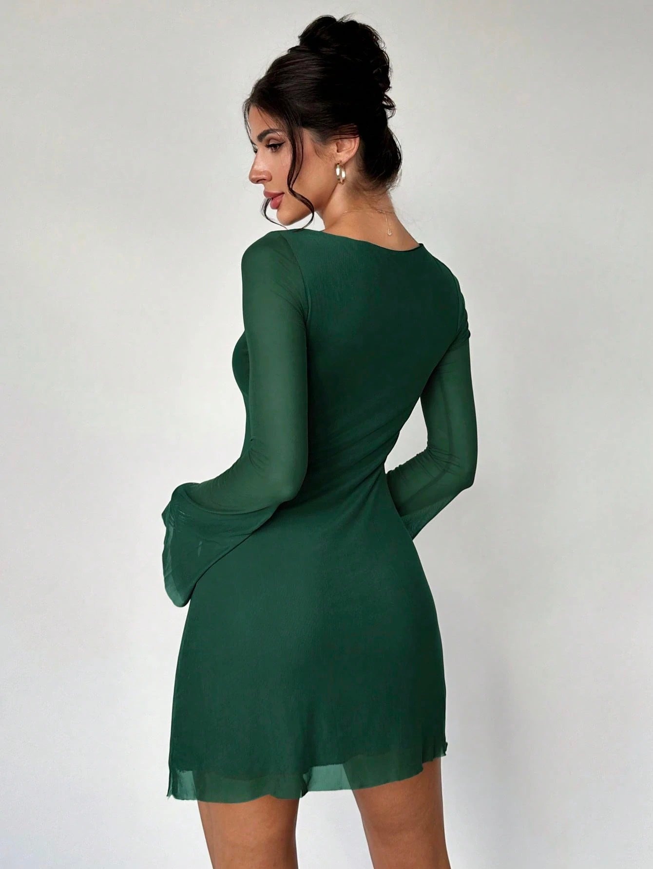 Elegant Boat Neck Flare Sleeve A-Line Mini Dress | Cinched Waist Mesh Party Dress