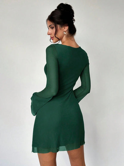 Elegant Boat Neck Flare Sleeve A-Line Mini Dress | Cinched Waist Mesh Party Dress