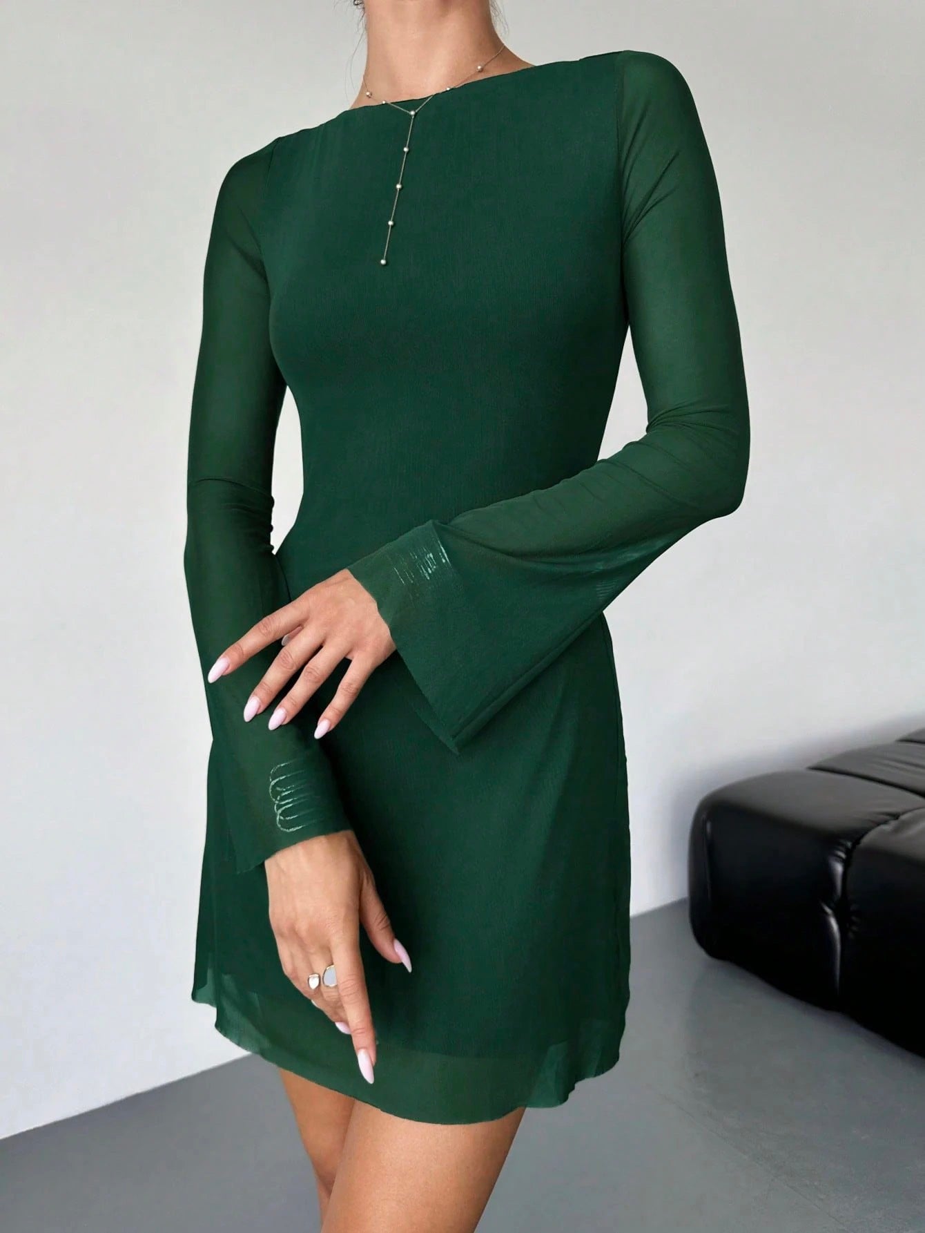 Elegant Boat Neck Flare Sleeve A-Line Mini Dress | Cinched Waist Mesh Party Dress