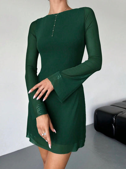 Elegant Boat Neck Flare Sleeve A-Line Mini Dress | Cinched Waist Mesh Party Dress