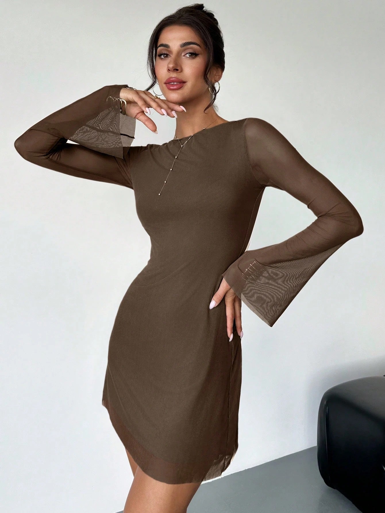 Elegant Boat Neck Flare Sleeve A-Line Mini Dress | Cinched Waist Mesh Party Dress