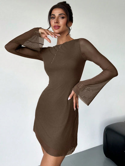 Elegant Boat Neck Flare Sleeve A-Line Mini Dress | Cinched Waist Mesh Party Dress