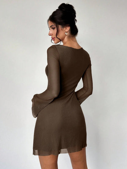 Elegant Boat Neck Flare Sleeve A-Line Mini Dress | Cinched Waist Mesh Party Dress