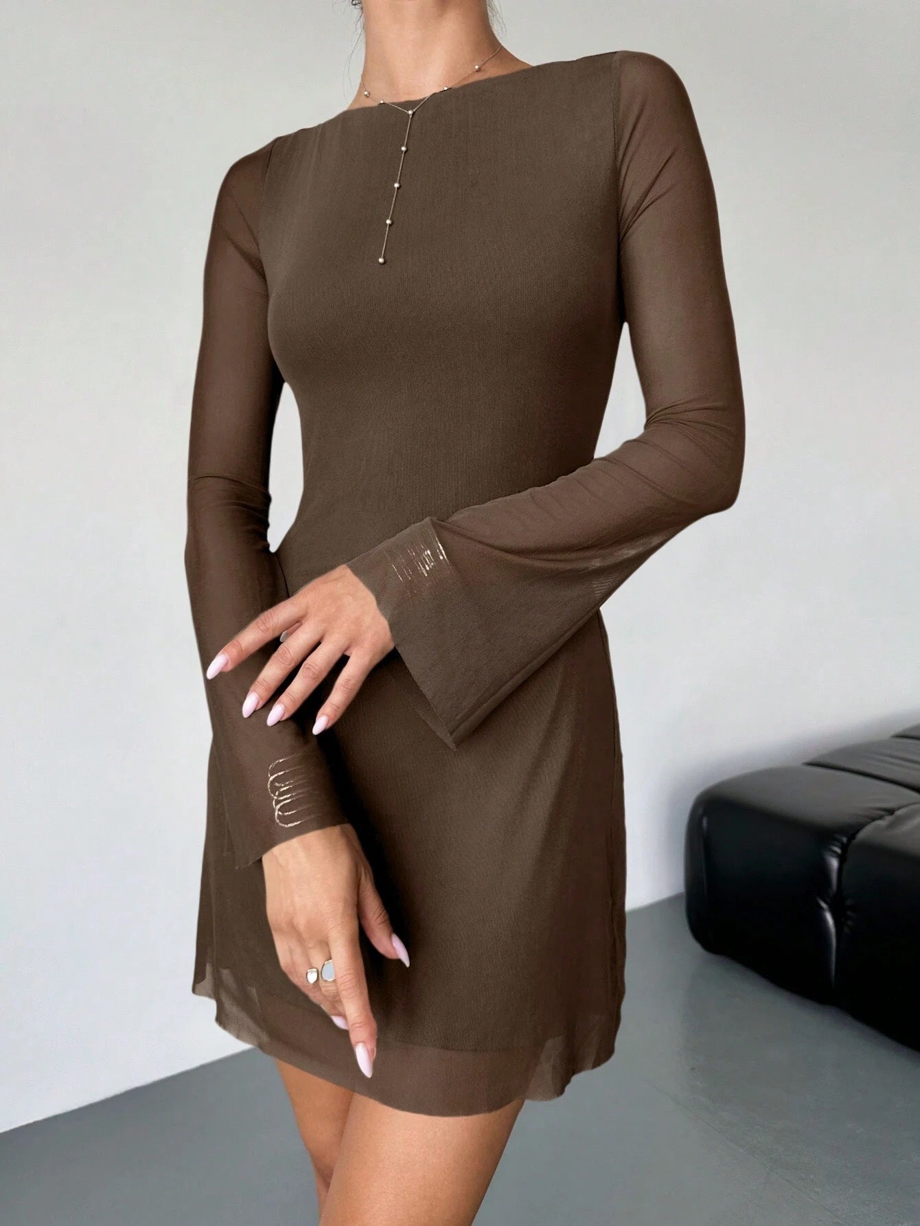 Elegant Boat Neck Flare Sleeve A-Line Mini Dress | Cinched Waist Mesh Party Dress