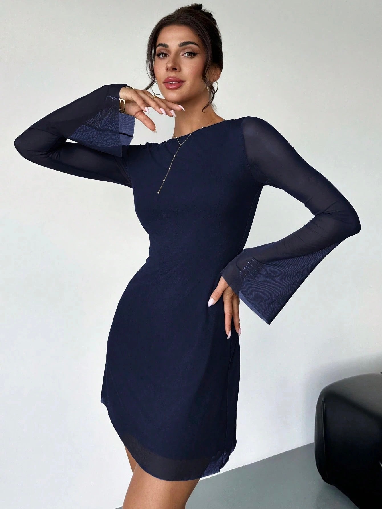 Elegant Boat Neck Flare Sleeve A-Line Mini Dress | Cinched Waist Mesh Party Dress