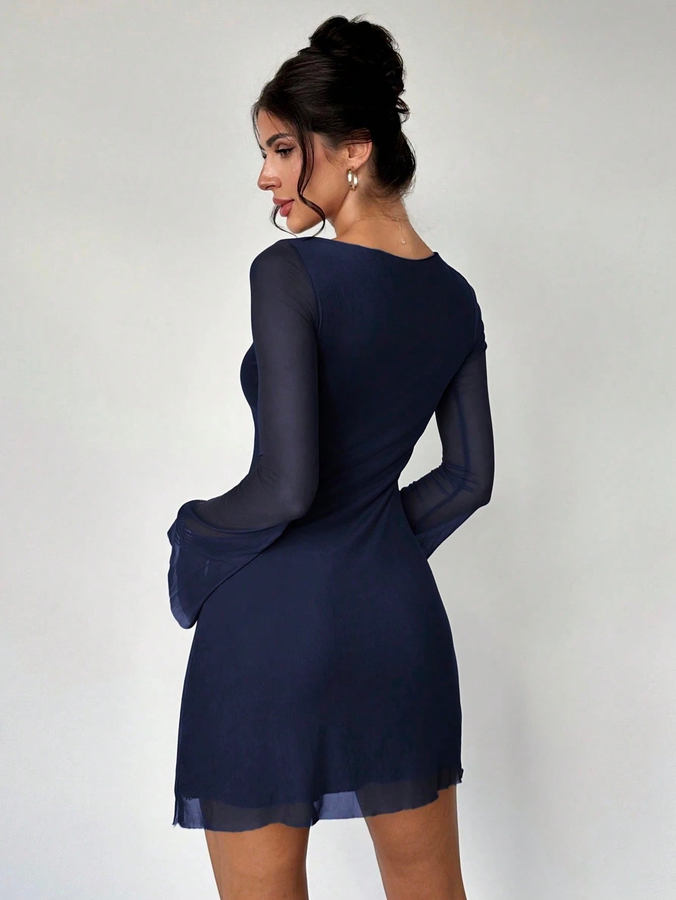 Elegant Boat Neck Flare Sleeve A-Line Mini Dress | Cinched Waist Mesh Party Dress