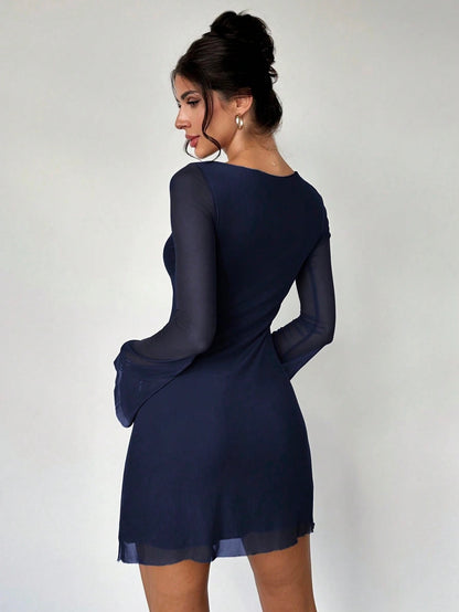 Elegant Boat Neck Flare Sleeve A-Line Mini Dress | Cinched Waist Mesh Party Dress