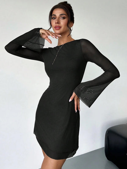 Elegant Boat Neck Flare Sleeve A-Line Mini Dress | Cinched Waist Mesh Party Dress
