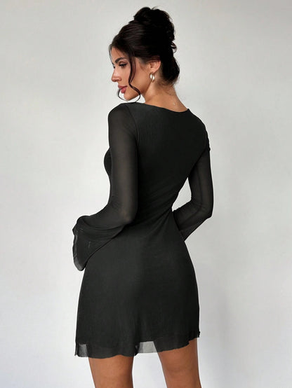 Elegant Boat Neck Flare Sleeve A-Line Mini Dress | Cinched Waist Mesh Party Dress