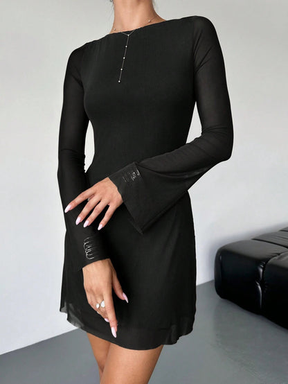 Elegant Boat Neck Flare Sleeve A-Line Mini Dress | Cinched Waist Mesh Party Dress