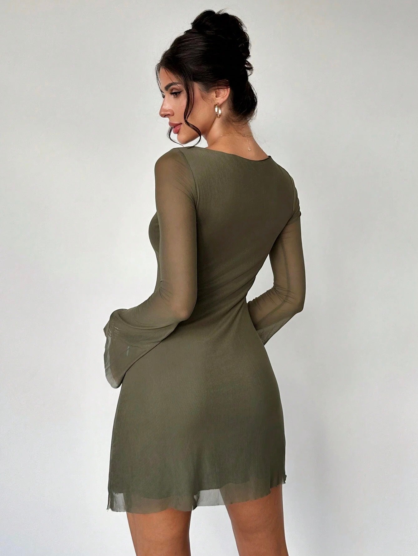 Elegant Boat Neck Flare Sleeve A-Line Mini Dress | Cinched Waist Mesh Party Dress