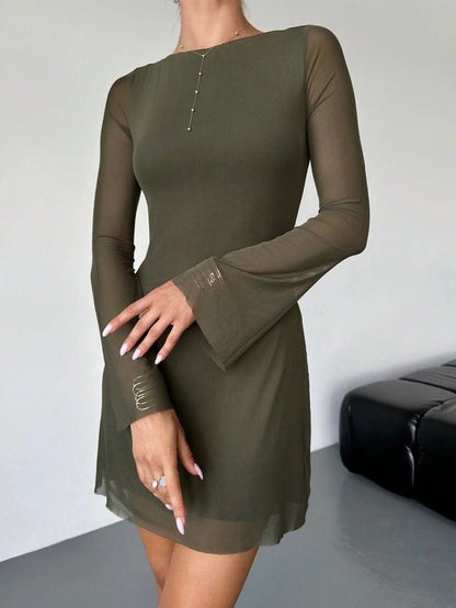 Elegant Boat Neck Flare Sleeve A-Line Mini Dress | Cinched Waist Mesh Party Dress