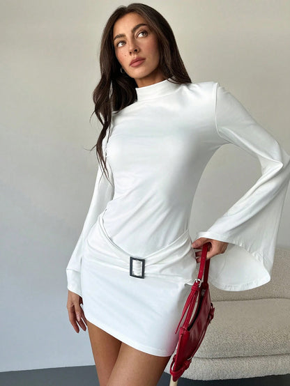 Stand Collar Metal Detail Fitted Mini Dress | Flared Sleeve Elegant Bodycon Party Dress